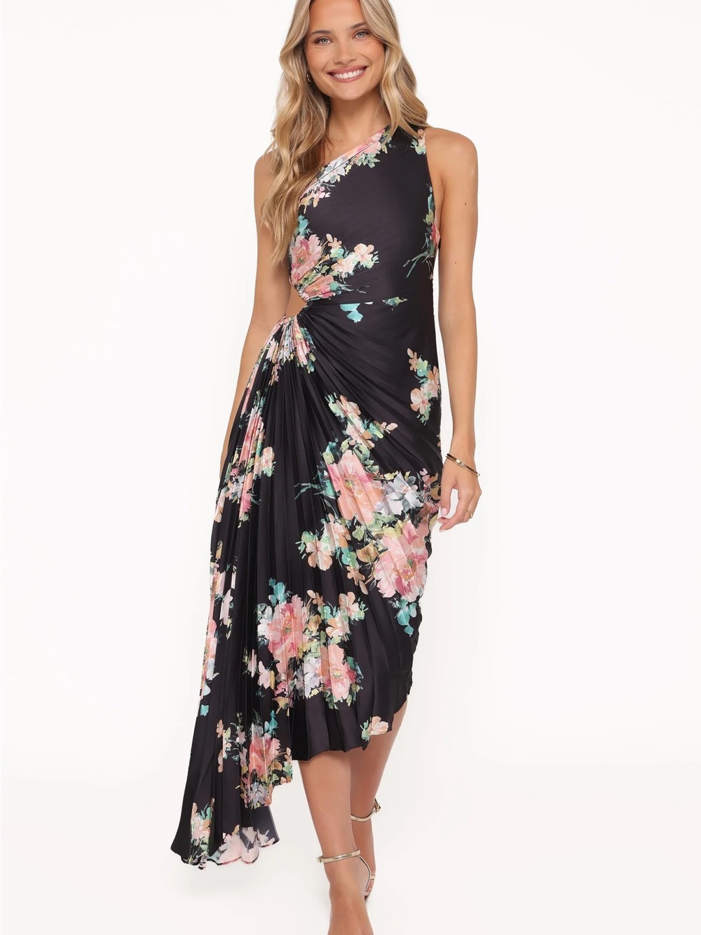 Petal & Pup Black One-Shoulder Floral Asymmetrical Midi Dress